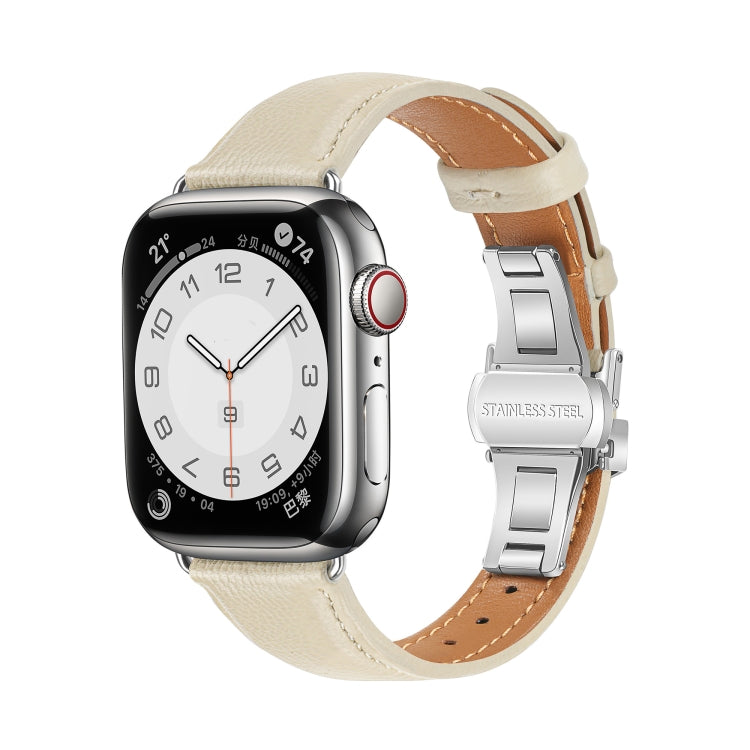 For Apple Watch Series 7 45mm Plain Leather Butterfly Buckle Watch Band(Beige+Silver) - free shipping - PMC TechLife - Order now!