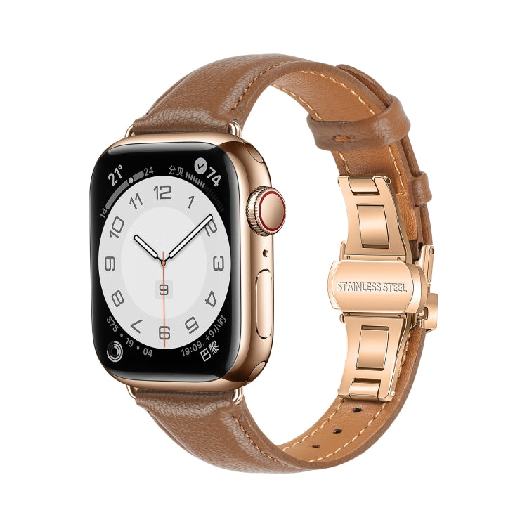 For Apple Watch Series 7 45mm Plain Leather Butterfly Buckle Watch Band(Dark Brown+Rose Gold) - free shipping - PMC TechLife - Order now!