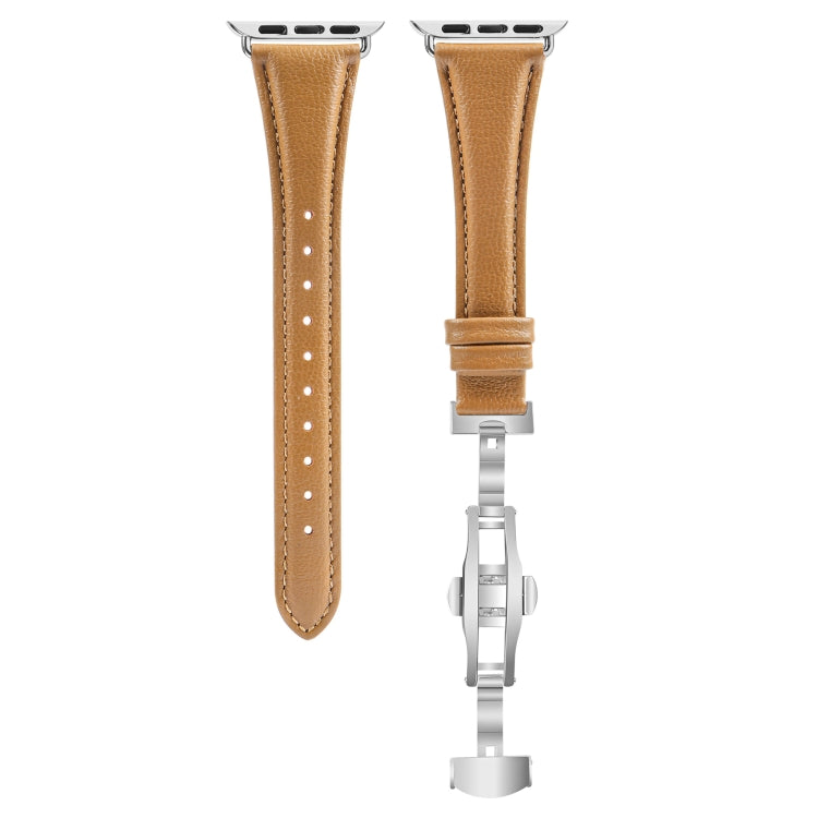 For Apple Watch Series 6 44mm Plain Leather Butterfly Buckle Watch Band(Brown+Silver) - free shipping - PMC TechLife - Order now!