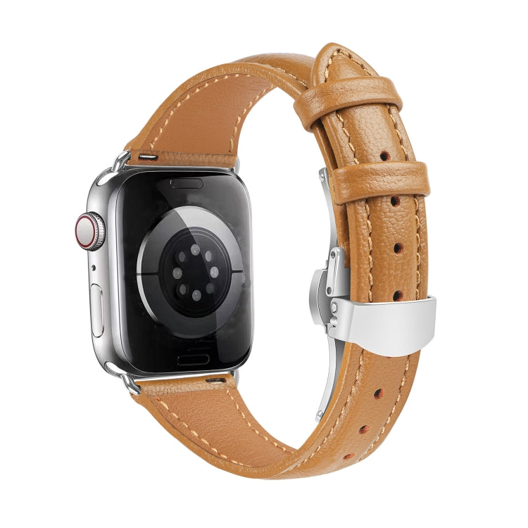 For Apple Watch Series 5 44mm Plain Leather Butterfly Buckle Watch Band(Brown+Silver) - free shipping - PMC TechLife - Order now!