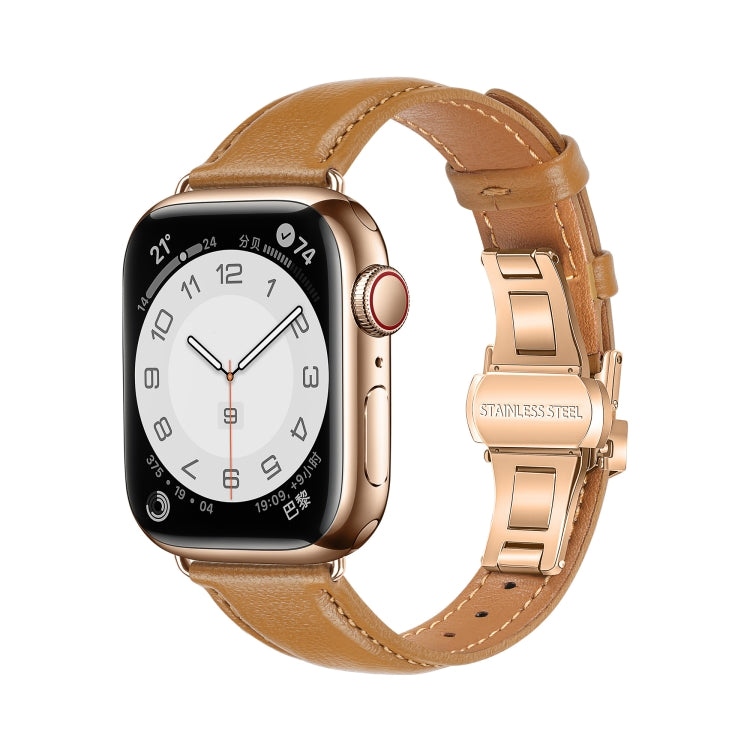 For Apple Watch Series 5 44mm Plain Leather Butterfly Buckle Watch Band(Brown+Rose Gold) - free shipping - PMC TechLife - Order now!