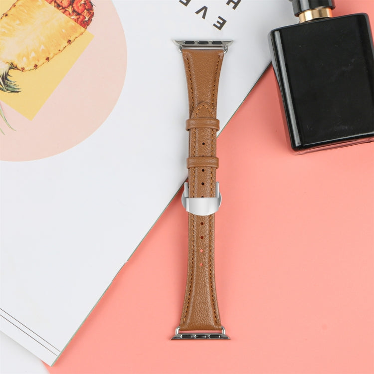 For Apple Watch Series 5 40mm Plain Leather Butterfly Buckle Watch Band(Dark Brown+Silver) - free shipping - PMC TechLife - Order now!