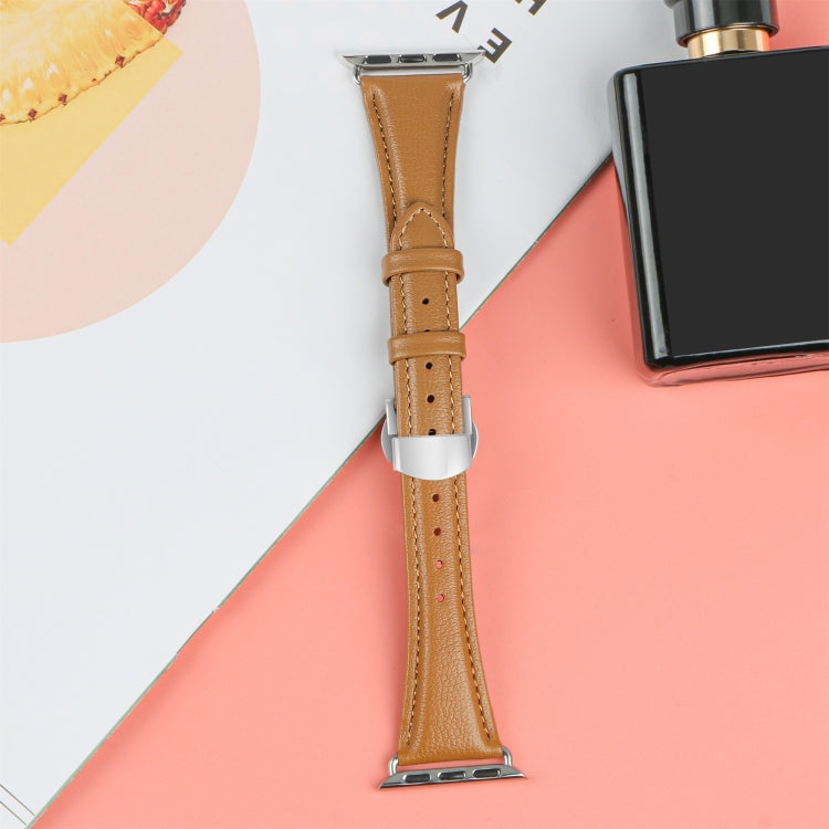 For Apple Watch Series 5 40mm Plain Leather Butterfly Buckle Watch Band(Brown+Silver) - free shipping - PMC TechLife - Order now!
