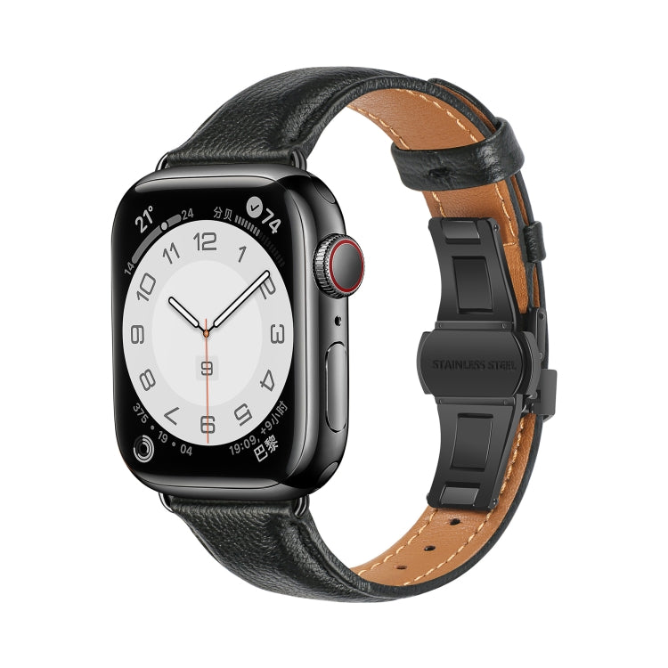 For Apple Watch Series 4 44mm Plain Leather Butterfly Buckle Watch Band(Black+Black) - Watch Bands by PMC TechLife | Online Shopping South Africa | PMC TechLife | Buy Now Pay Later Mobicred