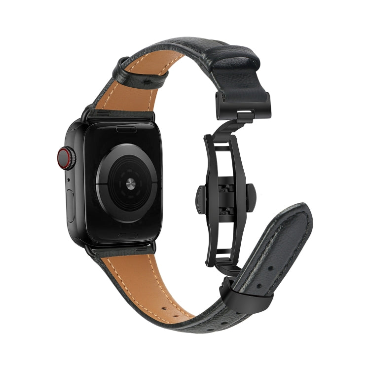 For Apple Watch Series 4 44mm Plain Leather Butterfly Buckle Watch Band(Black+Black) - Watch Bands by PMC TechLife | Online Shopping South Africa | PMC TechLife | Buy Now Pay Later Mobicred