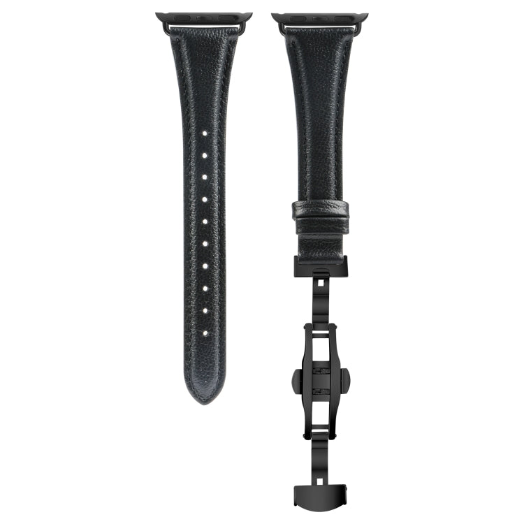 For Apple Watch Series 4 44mm Plain Leather Butterfly Buckle Watch Band(Black+Black) - Watch Bands by PMC TechLife | Online Shopping South Africa | PMC TechLife | Buy Now Pay Later Mobicred