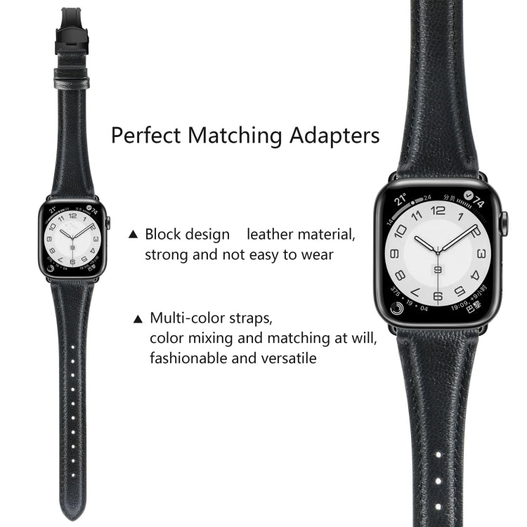 For Apple Watch Series 4 44mm Plain Leather Butterfly Buckle Watch Band(Black+Black) - Watch Bands by PMC TechLife | Online Shopping South Africa | PMC TechLife | Buy Now Pay Later Mobicred