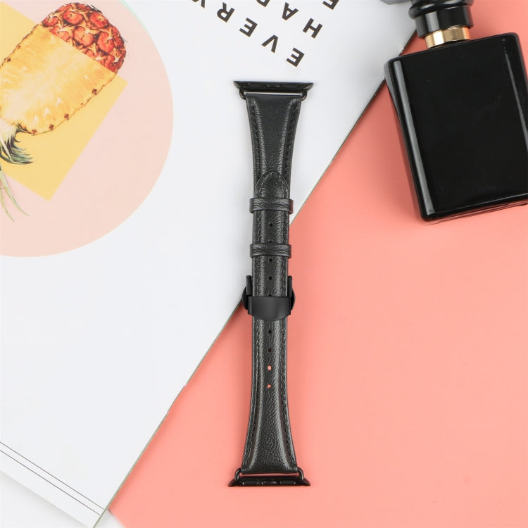 For Apple Watch Series 4 44mm Plain Leather Butterfly Buckle Watch Band(Black+Black) - Watch Bands by PMC TechLife | Online Shopping South Africa | PMC TechLife | Buy Now Pay Later Mobicred