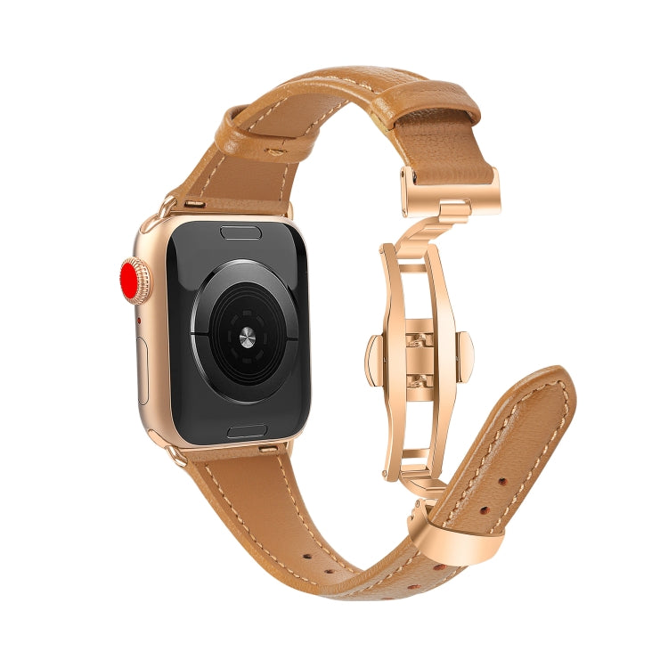 For Apple Watch Series 4 44mm Plain Leather Butterfly Buckle Watch Band(Brown+Rose Gold) - free shipping - PMC TechLife - Order now!