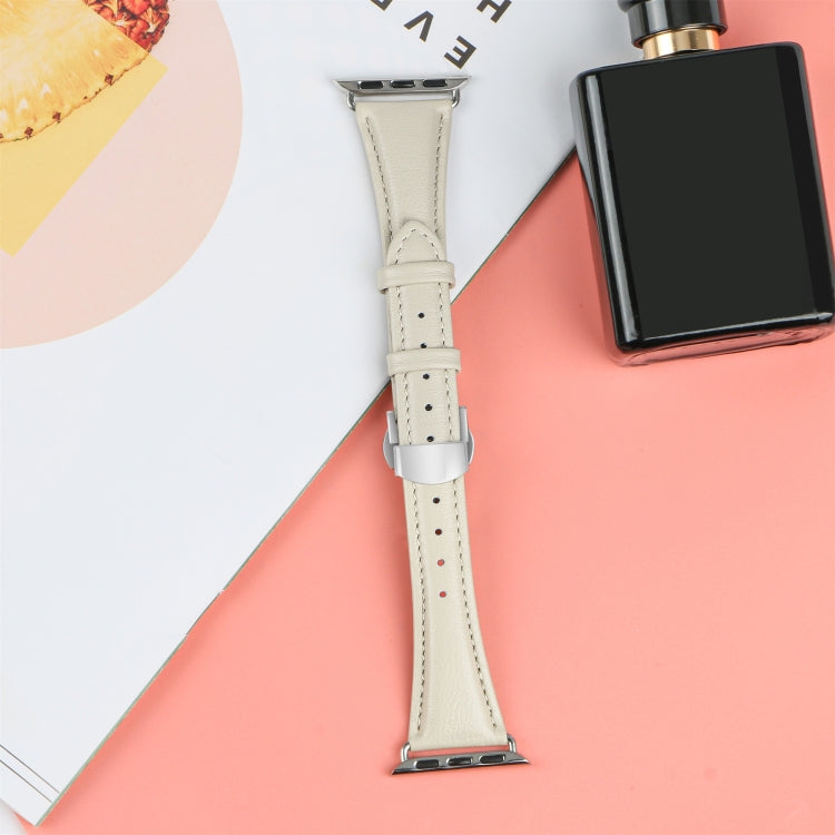 For Apple Watch Series 4 40mm Plain Leather Butterfly Buckle Watch Band(Beige+Silver) - free shipping - PMC TechLife - Order now!