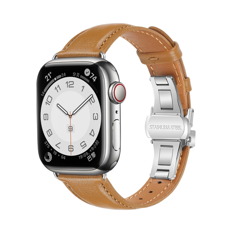 For Apple Watch Series 3 42mm Plain Leather Butterfly Buckle Watch Band(Brown+Silver) - free shipping - PMC TechLife - Order now!