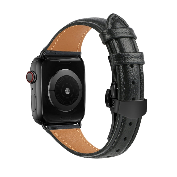 For Apple Watch Series 3 42mm Plain Leather Butterfly Buckle Watch Band(Black+Black) - Watch Bands by PMC TechLife | Online Shopping South Africa | PMC TechLife | Buy Now Pay Later Mobicred