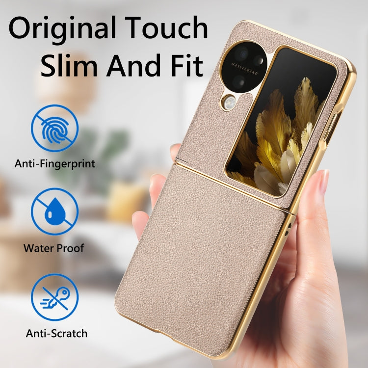 For OPPO Find N3 Flip Litchi Leather Electroplating Shockproof Phone Case(Khaki) - Find N3 Flip Cases by PMC TechLife | Online Shopping South Africa | PMC TechLife | Buy Now Pay Later Mobicred