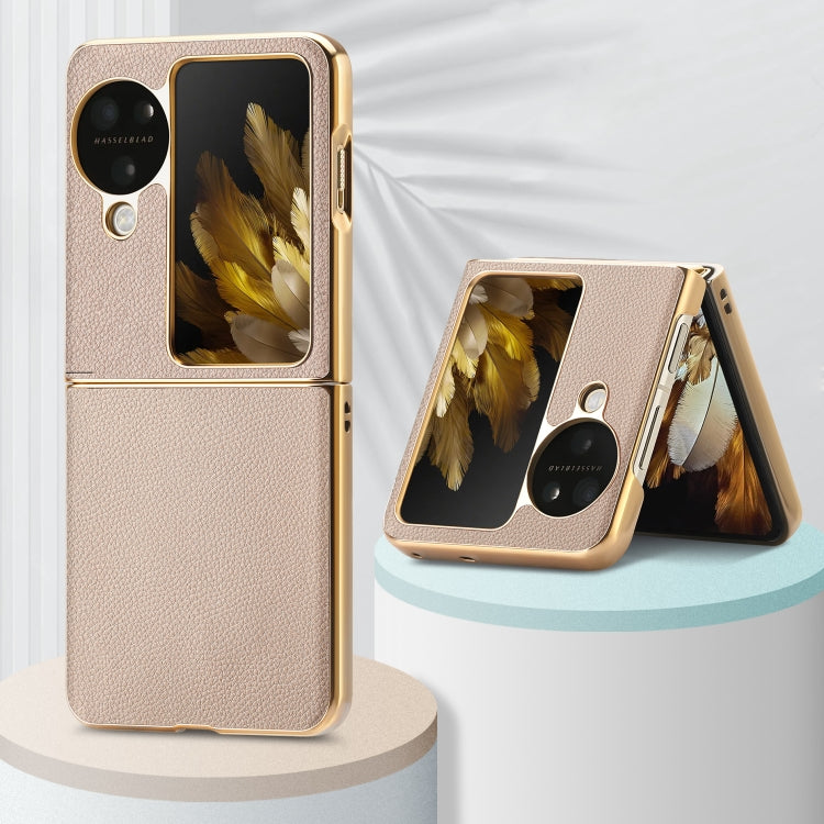 For OPPO Find N3 Flip Litchi Leather Electroplating Shockproof Phone Case(Khaki) - Find N3 Flip Cases by PMC TechLife | Online Shopping South Africa | PMC TechLife | Buy Now Pay Later Mobicred