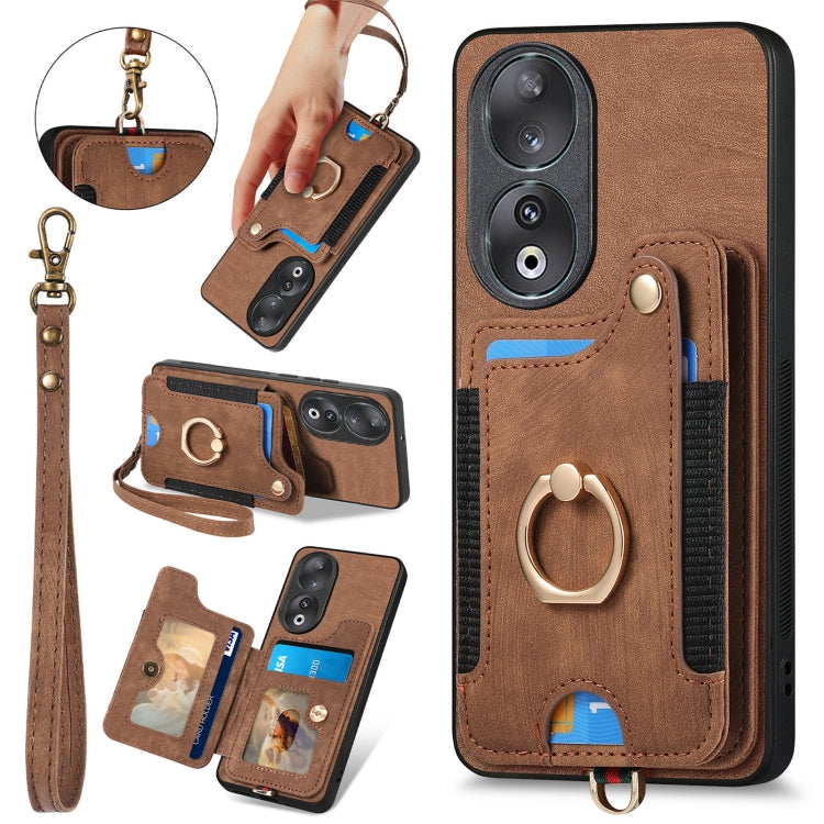 For Honor 90 Retro Skin-feel Ring Multi-card RFID Wallet Phone Case(Brown) - Honor Cases by PMC TechLife | Online Shopping South Africa | PMC TechLife