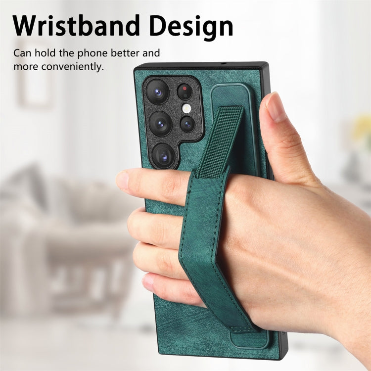 For Samsung Galaxy S22 Ultra 5G Retro Wristband Holder Leather Back Phone Case(Green) - Galaxy S22 Ultra 5G Cases by PMC TechLife | Online Shopping South Africa | PMC TechLife