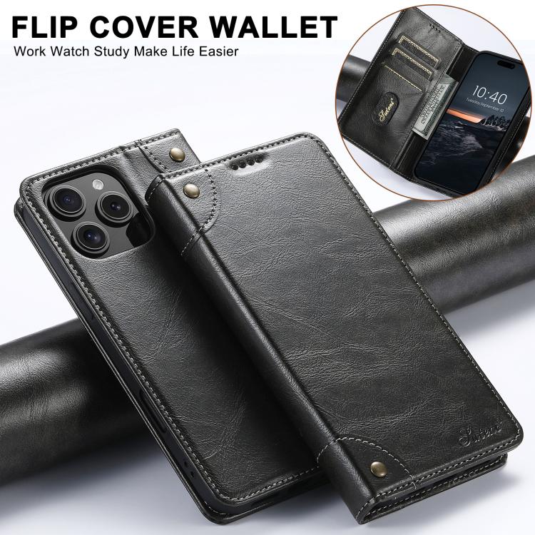For iPhone 16e Suteni Baroque Calf Texture Buckle Wallet Leather Phone Case(Black) - free shipping - PMC TechLife - Order now!