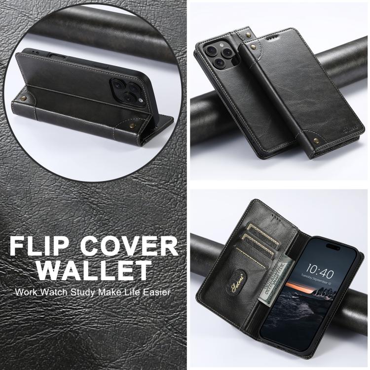 For iPhone 16e Suteni Baroque Calf Texture Buckle Wallet Leather Phone Case(Black) - free shipping - PMC TechLife - Order now!