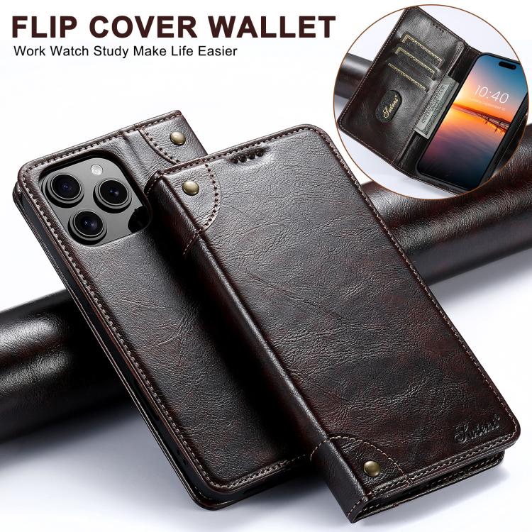 For iPhone 16e Suteni Baroque Calf Texture Buckle Wallet Leather Phone Case(Brown) - free shipping - PMC TechLife - Order now!
