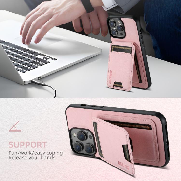 For iPhone 16e Suteni H02 Litchi Leather Card Wallet Stand Back Phone Case(Pink) - free shipping - PMC TechLife - Order now!