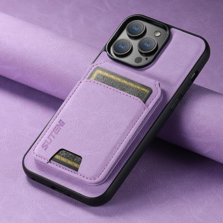 For iPhone 16e Suteni H02 Litchi Leather Card Wallet Stand Back Phone Case(Purple) - iPhone 16e Cases by Suteni | Online Shopping South Africa | PMC TechLife | Buy Now Pay Later Mobicred