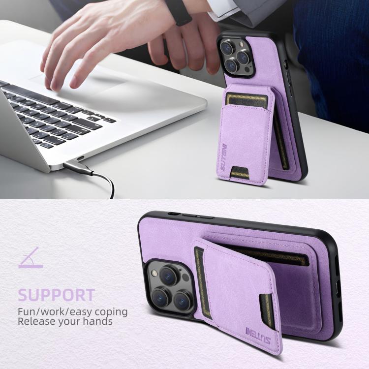 For iPhone 16e Suteni H02 Litchi Leather Card Wallet Stand Back Phone Case(Purple) - iPhone 16e Cases by Suteni | Online Shopping South Africa | PMC TechLife | Buy Now Pay Later Mobicred