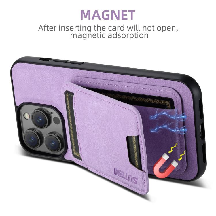 For iPhone 16e Suteni H02 Litchi Leather Card Wallet Stand Back Phone Case(Purple) - iPhone 16e Cases by Suteni | Online Shopping South Africa | PMC TechLife | Buy Now Pay Later Mobicred