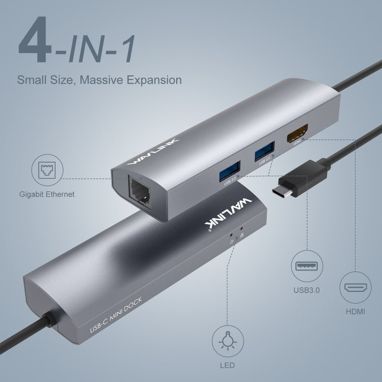 WAVLINK WL-UHP3408 USB HUB Adapter 4-in-1 Type-C to HD + 2xUSB3.0 + Gigabit RJ45 Docking Station - free shipping - PMC Jewellery - Order now!