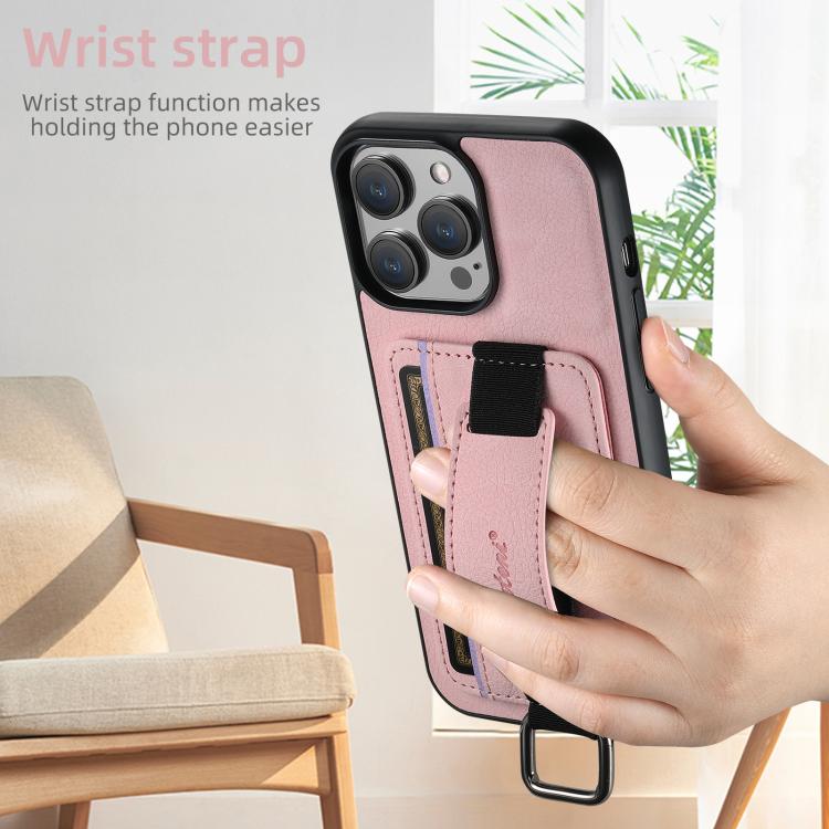 For iPhone 16e Suteni H13 Litchi Leather Wrist Strap Wallet Back Phone Case(Pink) - iPhone 16e Cases by Suteni | Online Shopping South Africa | PMC TechLife | Buy Now Pay Later Mobicred