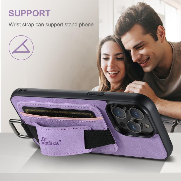 For iPhone 16e Suteni H13 Litchi Leather Wrist Strap Wallet Back Phone Case(Purple) - free shipping - PMC TechLife - Order now!