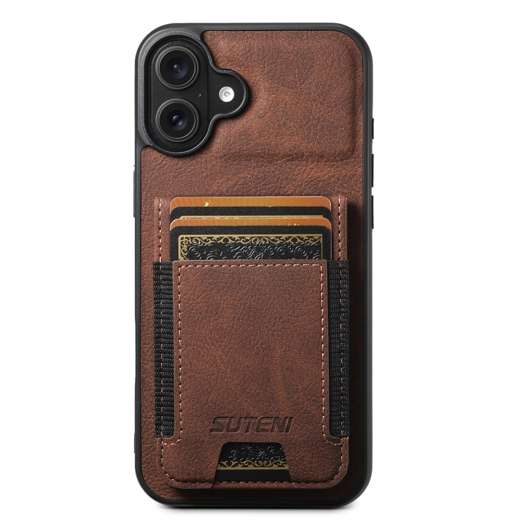 For iPhone 16 Suteni H03 Litchi Leather Card Bag Stand Back Phone Case(Brown) - free shipping - PMC Jewellery - Order now!