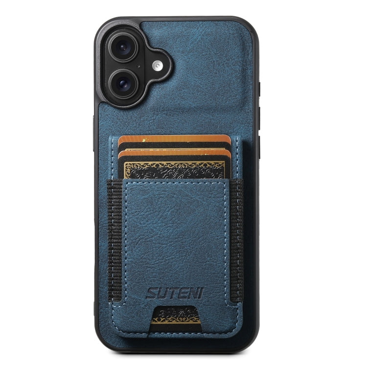 For iPhone 16 Plus Suteni H03 Litchi Leather Card Bag Stand Back Phone Case(Blue) - free shipping - PMC Jewellery - Order now!