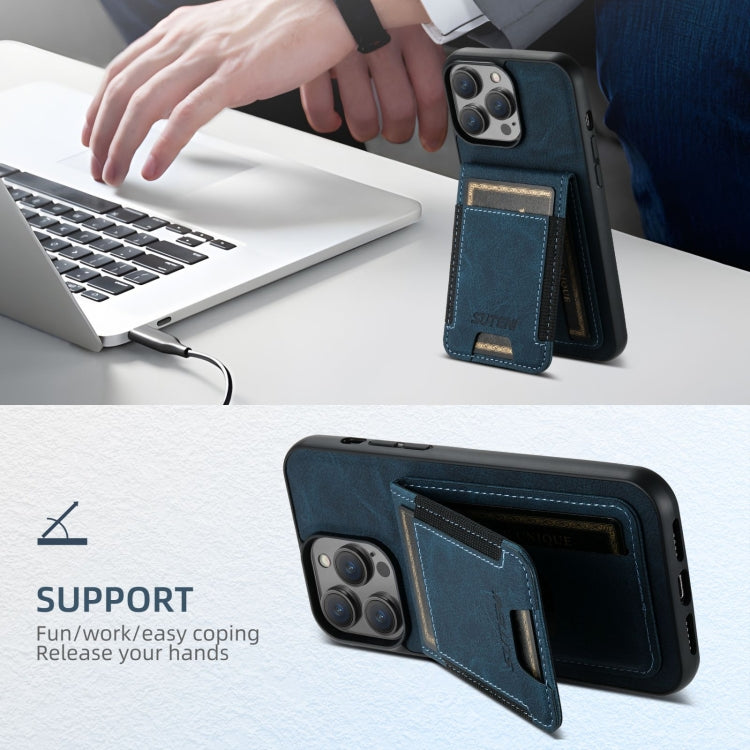 For iPhone 16 Plus Suteni H03 Litchi Leather Card Bag Stand Back Phone Case(Blue) - free shipping - PMC Jewellery - Order now!