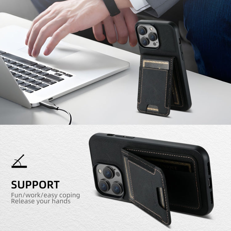 For iPhone 16 Pro Max Suteni H03 Litchi Leather Card Bag Stand Back Phone Case(Black) - free shipping - PMC Jewellery - Order now!