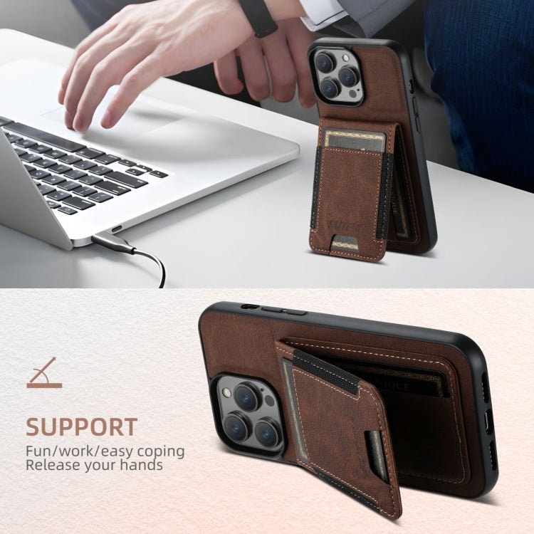 For iPhone 16 Pro Max Suteni H03 Litchi Leather Card Bag Stand Back Phone Case(Brown) - free shipping - PMC Jewellery - Order now!