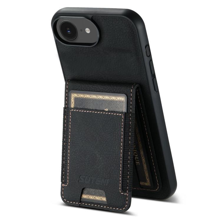 For iPhone 16e Suteni H03 Litchi Leather Card Bag Stand Back Phone Case(Black) - iPhone 16e Cases by Suteni | Online Shopping South Africa | PMC TechLife | Buy Now Pay Later Mobicred