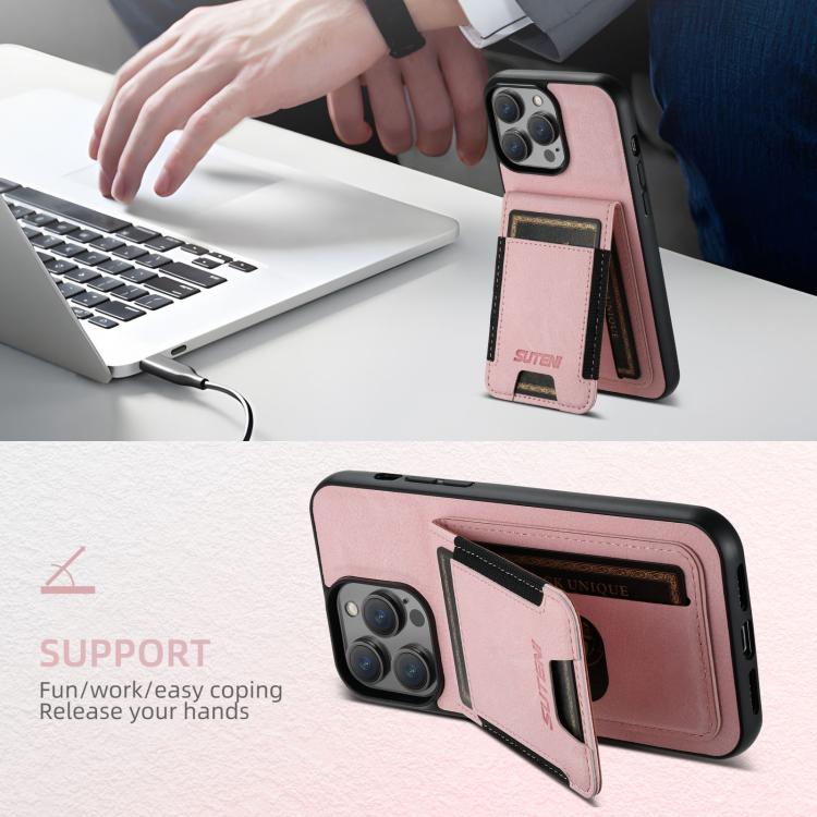 For iPhone 16e Suteni H03 Litchi Leather Card Bag Stand Back Phone Case(Pink) - iPhone 16e Cases by Suteni | Online Shopping South Africa | PMC TechLife | Buy Now Pay Later Mobicred