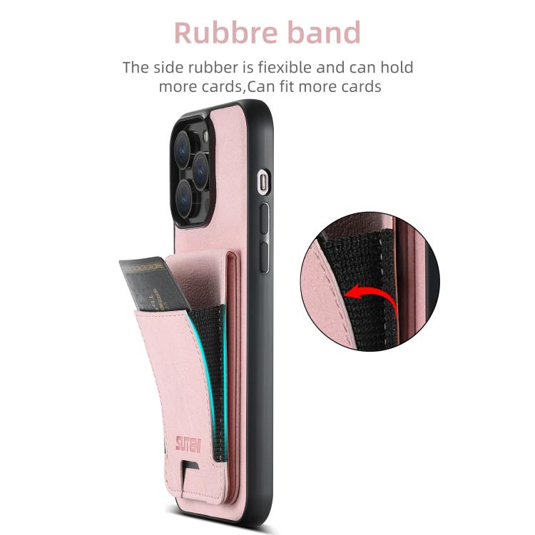 For iPhone 16e Suteni H03 Litchi Leather Card Bag Stand Back Phone Case(Pink) - iPhone 16e Cases by Suteni | Online Shopping South Africa | PMC TechLife | Buy Now Pay Later Mobicred