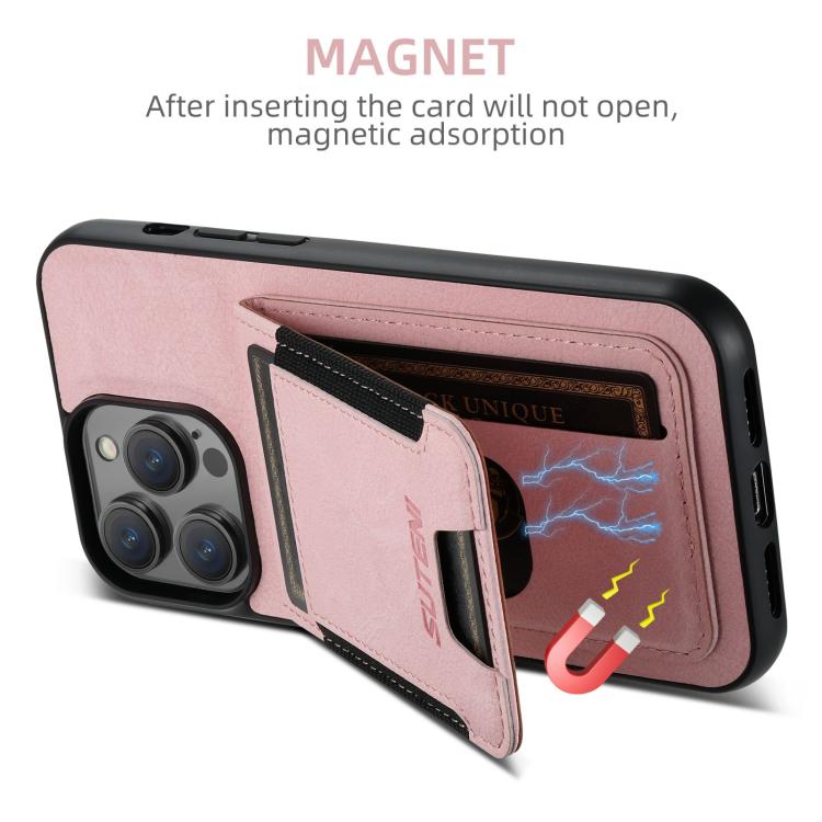 For iPhone 16e Suteni H03 Litchi Leather Card Bag Stand Back Phone Case(Pink) - iPhone 16e Cases by Suteni | Online Shopping South Africa | PMC TechLife | Buy Now Pay Later Mobicred
