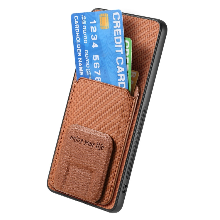 For Samsung Galaxy S25 5G Carbon Fiber Card Bag Fold Stand Phone Case(Brown) -  by PMC Jewellery | Online Shopping South Africa | PMC Jewellery | Buy Now Pay Later Mobicred