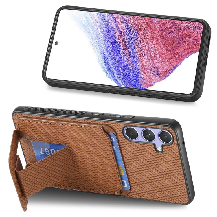 For Samsung Galaxy S25 5G Carbon Fiber Card Bag Fold Stand Phone Case(Brown) -  by PMC Jewellery | Online Shopping South Africa | PMC Jewellery | Buy Now Pay Later Mobicred