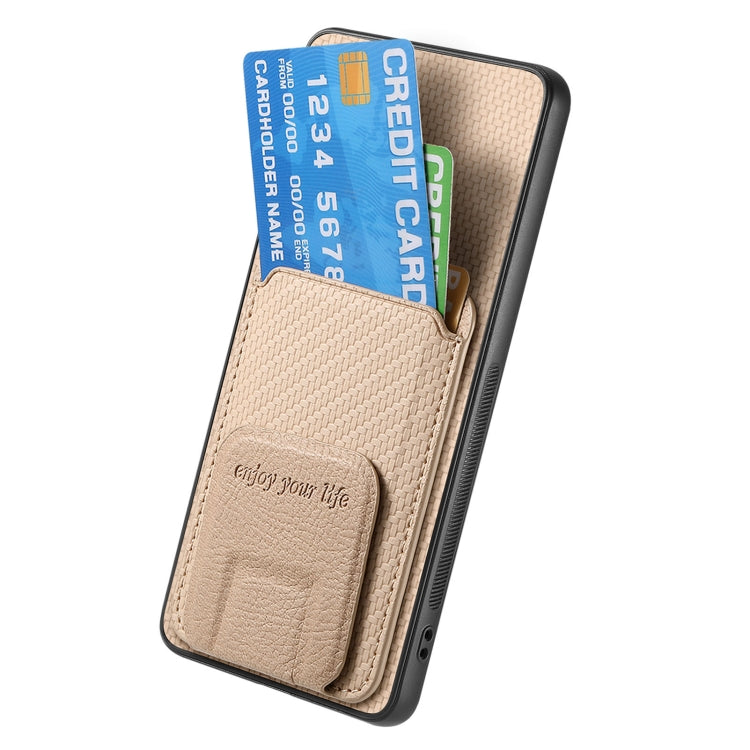 For Samsung Galaxy S25 5G Carbon Fiber Card Bag Fold Stand Phone Case(Khaki) - free shipping - PMC Jewellery - Order now!