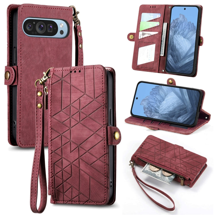 For Google Pixel 9 Geometric Zipper Wallet Side Buckle Leather Phone Case(Red) - Google Cases by PMC TechLife | Online Shopping South Africa | PMC TechLife | Buy Now Pay Later Mobicred