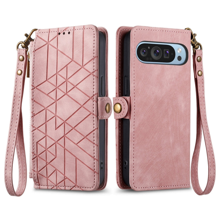 For Google Pixel 9 Geometric Zipper Wallet Side Buckle Leather Phone Case(Pink) - Google Cases by PMC TechLife | Online Shopping South Africa | PMC TechLife | Buy Now Pay Later Mobicred