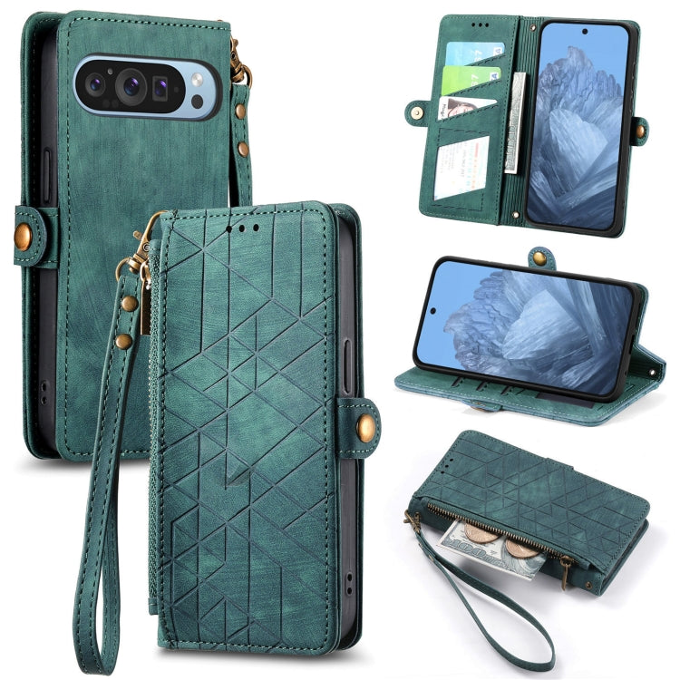 For Google Pixel 9 Geometric Zipper Wallet Side Buckle Leather Phone Case(Green) - Google Cases by PMC TechLife | Online Shopping South Africa | PMC TechLife | Buy Now Pay Later Mobicred