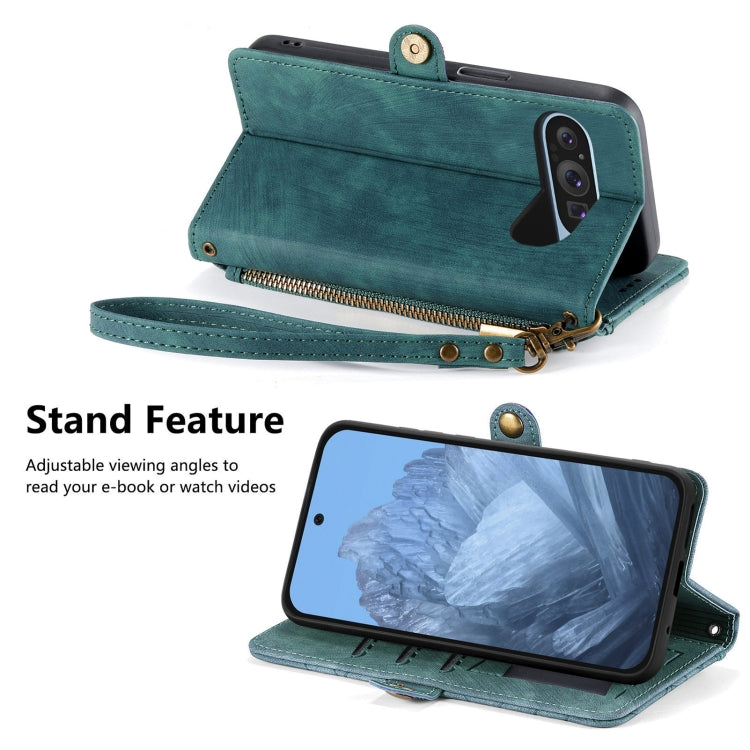 For Google Pixel 9 Geometric Zipper Wallet Side Buckle Leather Phone Case(Green) - Google Cases by PMC TechLife | Online Shopping South Africa | PMC TechLife | Buy Now Pay Later Mobicred