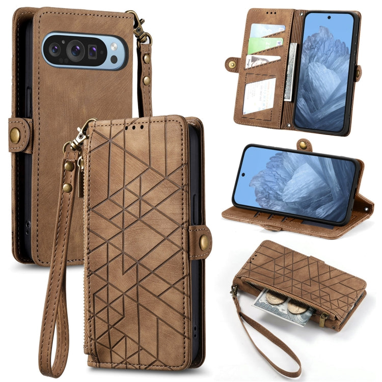 For Google Pixel 9 Geometric Zipper Wallet Side Buckle Leather Phone Case(Brown) - Google Cases by PMC TechLife | Online Shopping South Africa | PMC TechLife | Buy Now Pay Later Mobicred