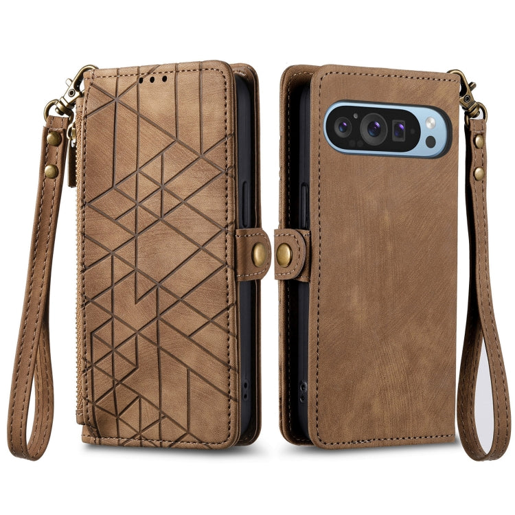 For Google Pixel 9 Geometric Zipper Wallet Side Buckle Leather Phone Case(Brown) - Google Cases by PMC TechLife | Online Shopping South Africa | PMC TechLife | Buy Now Pay Later Mobicred