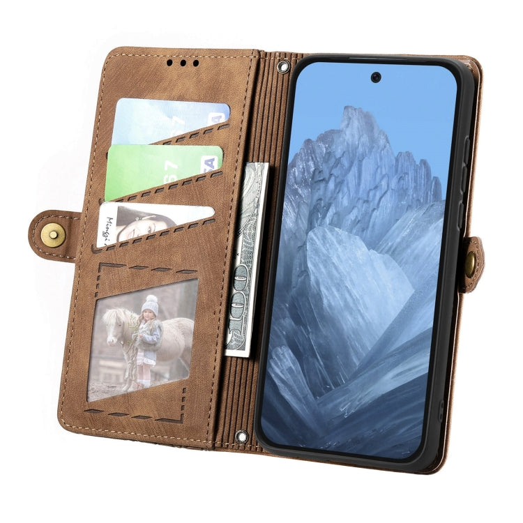 For Google Pixel 9 Geometric Zipper Wallet Side Buckle Leather Phone Case(Brown) - Google Cases by PMC TechLife | Online Shopping South Africa | PMC TechLife | Buy Now Pay Later Mobicred