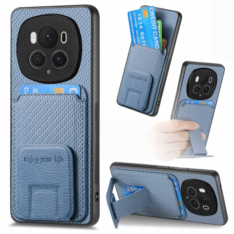 For Honor Magic6 Pro Carbon Fiber Card Bag Fold Stand Phone Case(Blue) - Honor Cases by PMC TechLife | Online Shopping South Africa | PMC TechLife | Buy Now Pay Later Mobicred